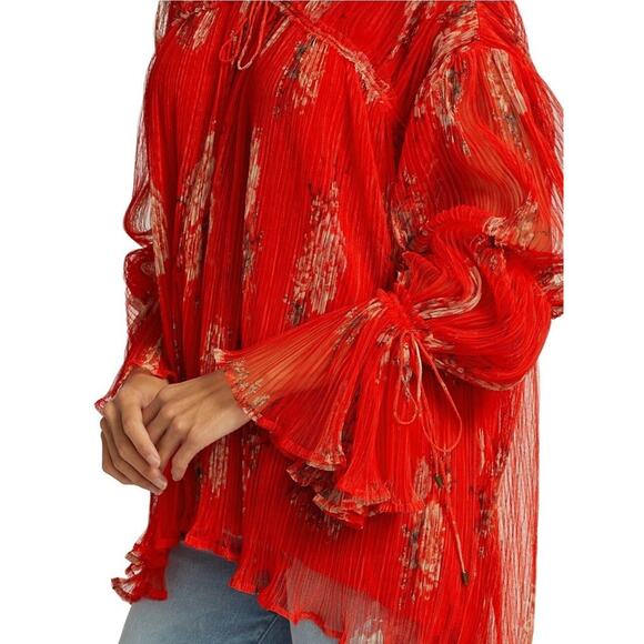 Free People Womens Dahlia Tunic Sz XS Red Floral Pop Combo Bell Sleeve NWT - Picture 5 of 10